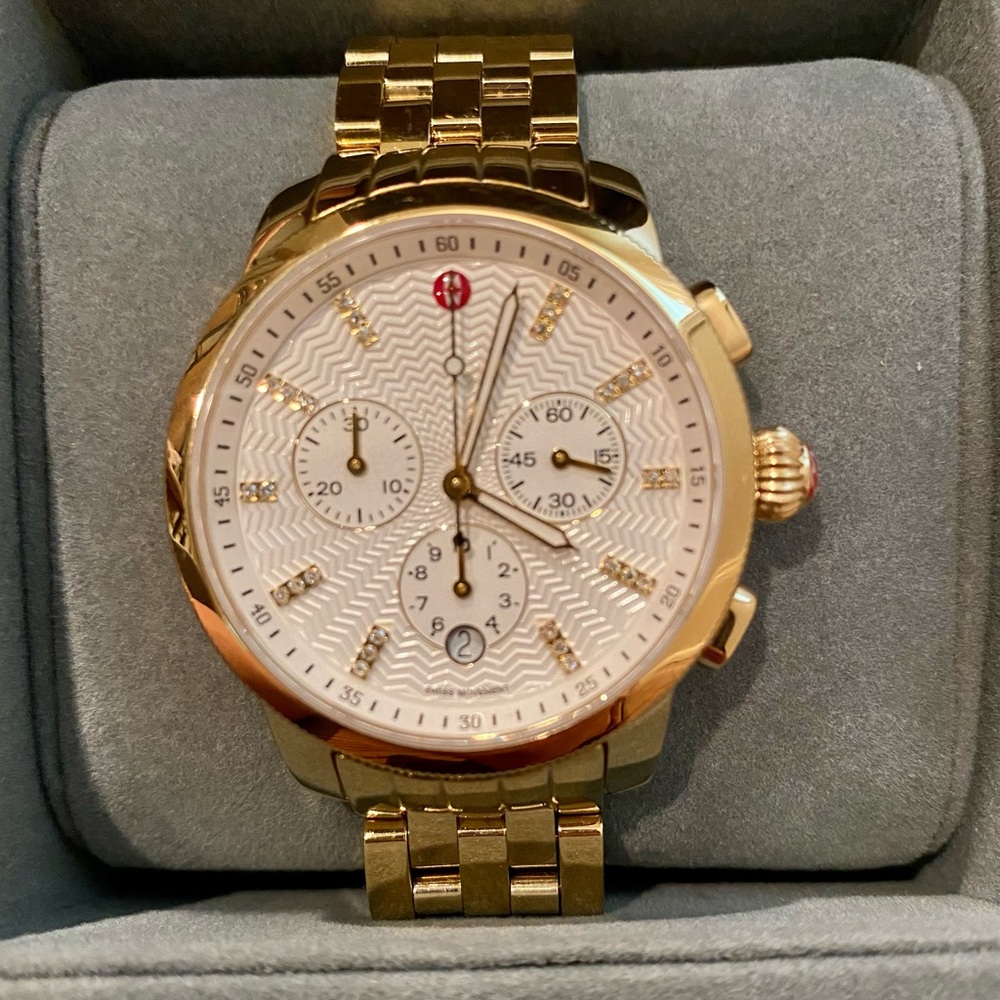 Michele Uptown Diamond Dial Chronograph Gold Watch (Case & Bracelet) 39mm